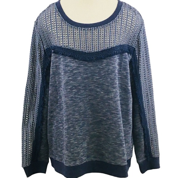 Womens 1X Skies‎ Are Blue Knit Top Pullover Open Weave Long Sleeves Fringe New - Picture 1 of 9